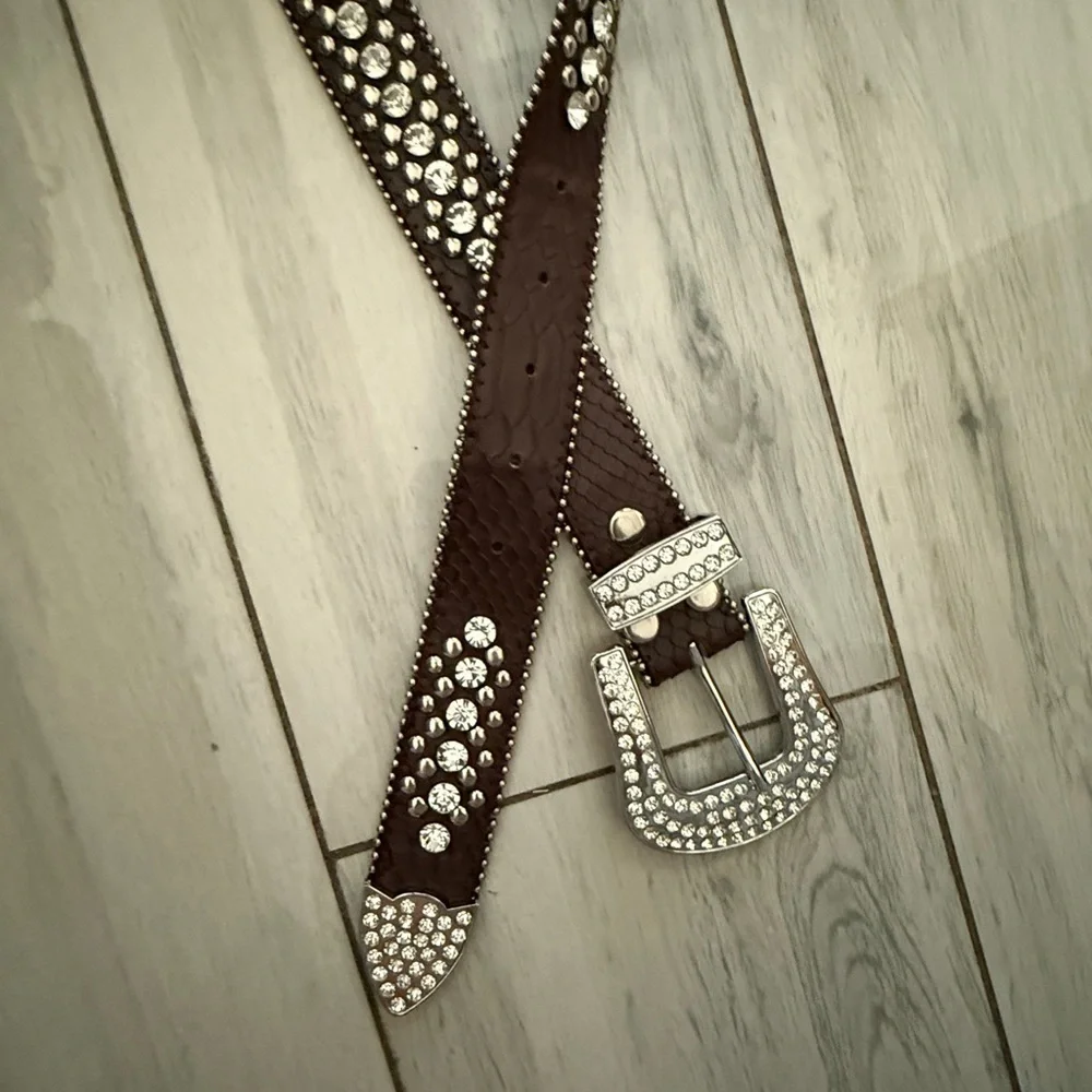 Leather Copper Bronze Fleur De Lis Western RHINESTONE Belt M SM - Picture 3 of 11